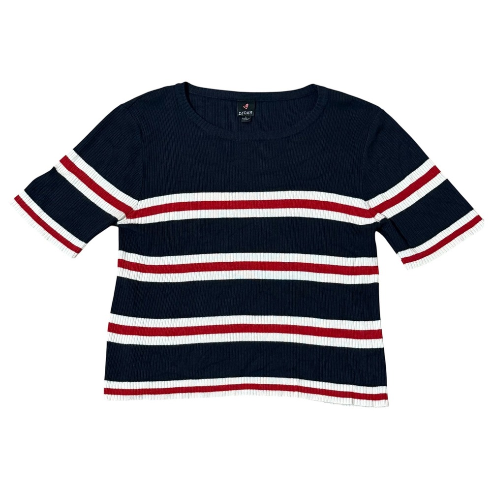 IJOAH Womens Ribbed Knit Short Sleeve Striped Top Navy Blue Red White‎ Large